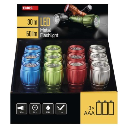 LED ruční kovová svítilna P3882, 50 lm, 3× AAA, 12 ks, display box