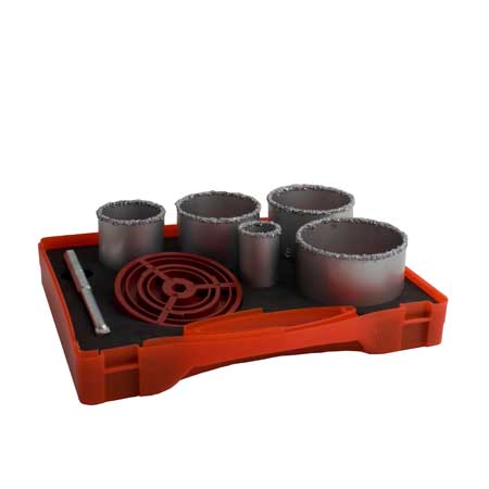 Sada vykružovacích karbidových korunek 33,53,67,73,83mm+středící vrták+adaptér